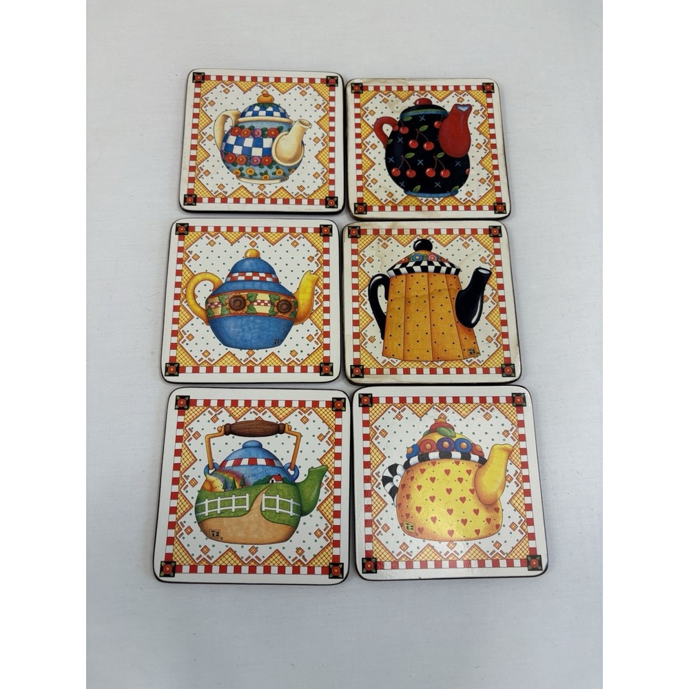 Mary Engelbreit Set Decorative Teapot Cork Backed Coasters 6 Designs Tea *READ